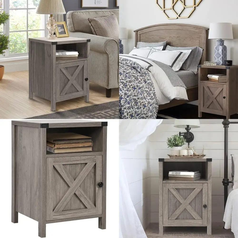 

Прикроватная тумба в стиле рустик с серой отделкой и полкой, современный прикроватный столик в стиле фермерского дома для спальни и гостиной
