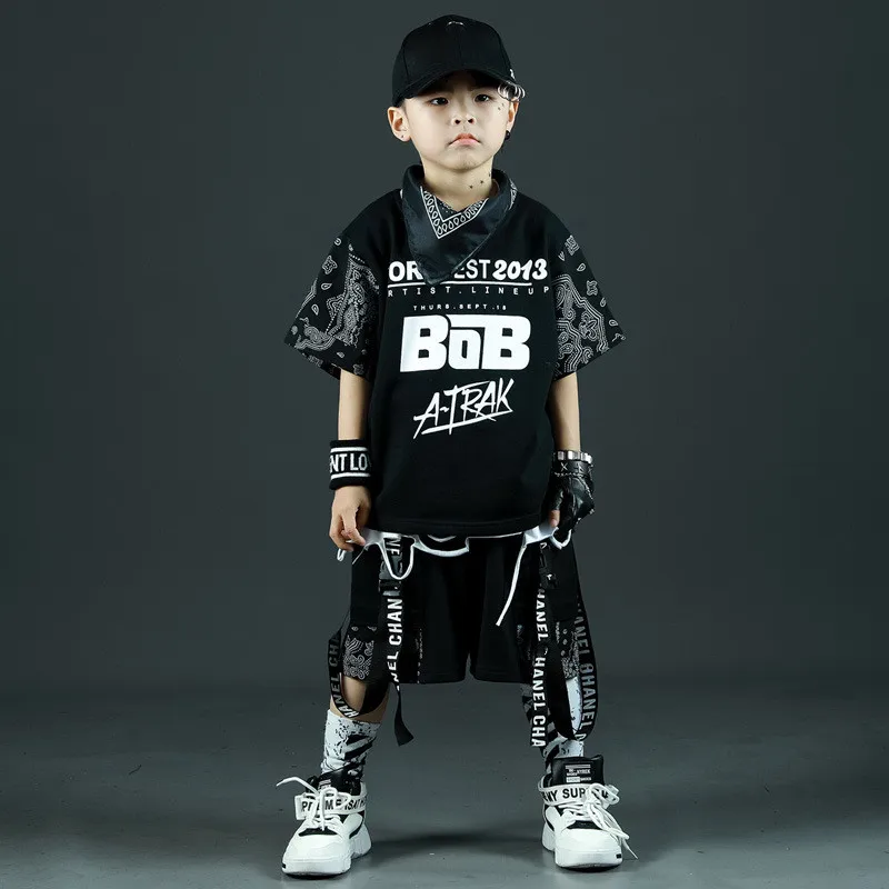 Kids Clothing Sets Summer Black Print T-shirt Shorts 2pcs Boy Tracksuit Children Sport Suit Teen Hip Hop Outfits 4 6 8 9 10 12 Y