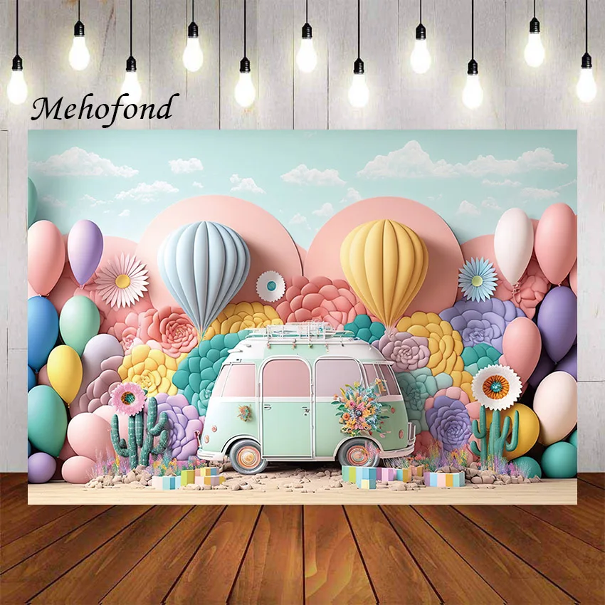 

Mehofond Photography Background Boho Pink Balloon Flower Car Girl Birthday Party Cake Smash Portrait Decor Photo Backdrop Studio