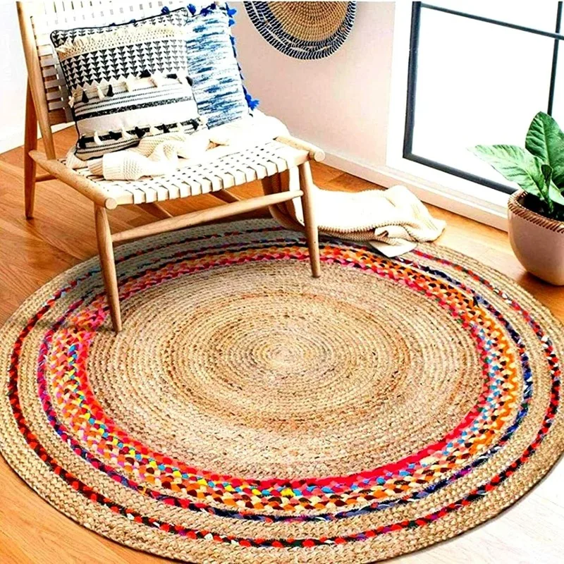 Round Rug Cotton & Jute Mix Carpet Modern Rustic Look Multicolor Designer Rug