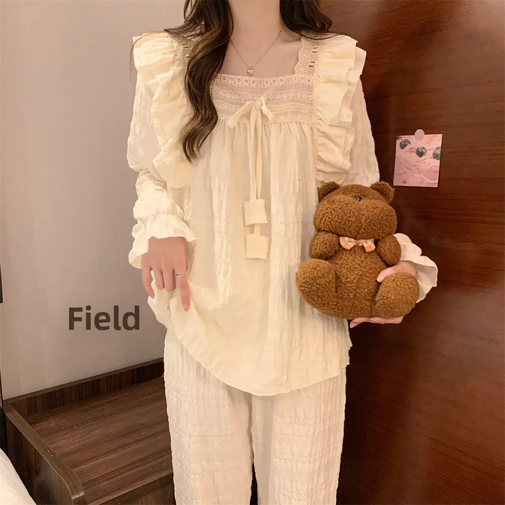 Princess Style Long Sleeve Square Collar Sleepwear Set Women's Home Clothes Floral Lace Trim Light Beige Comfortable Cotton