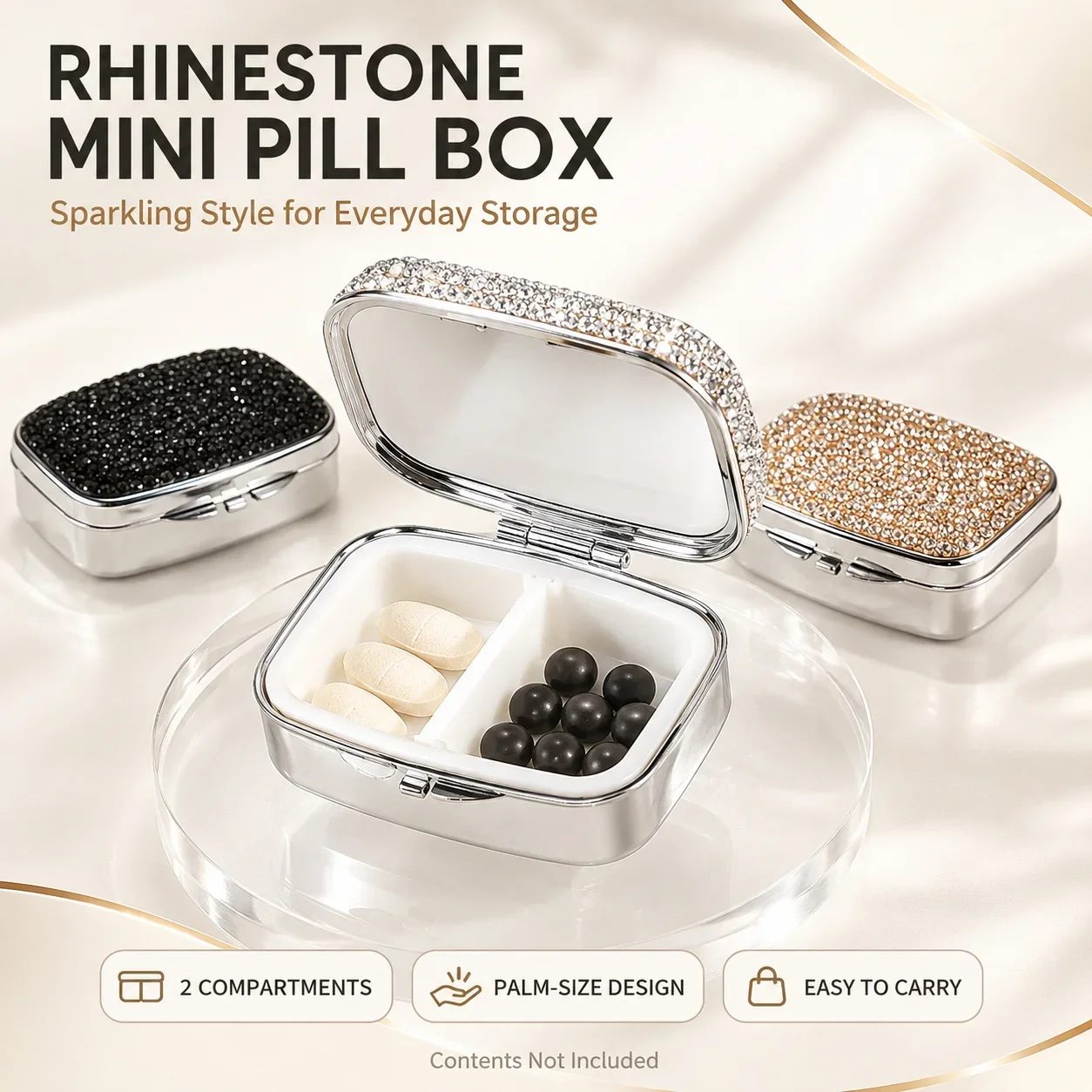 Bling Rhinestone Pill Box for Women Luxury Metal Mini Portable with Mirror 2 Compartments Med Organizer Purse Pocket