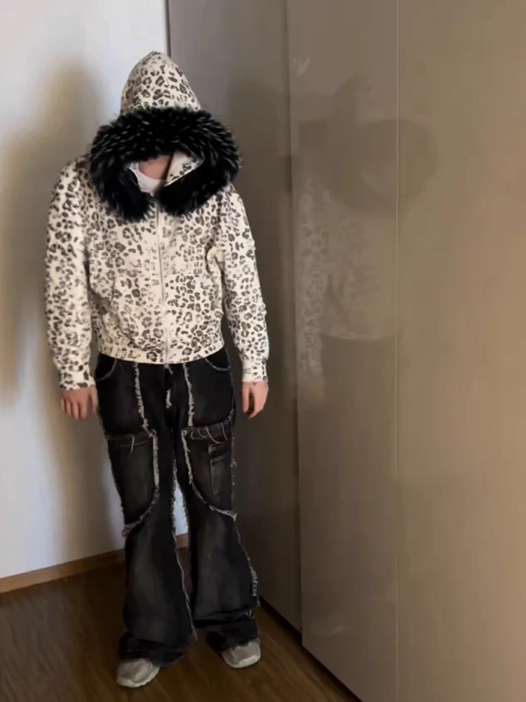 Ladies' Y2K street leopard print hooded jacket, black and white synthetic fur collar, full zipper loose autumn and winter jacket