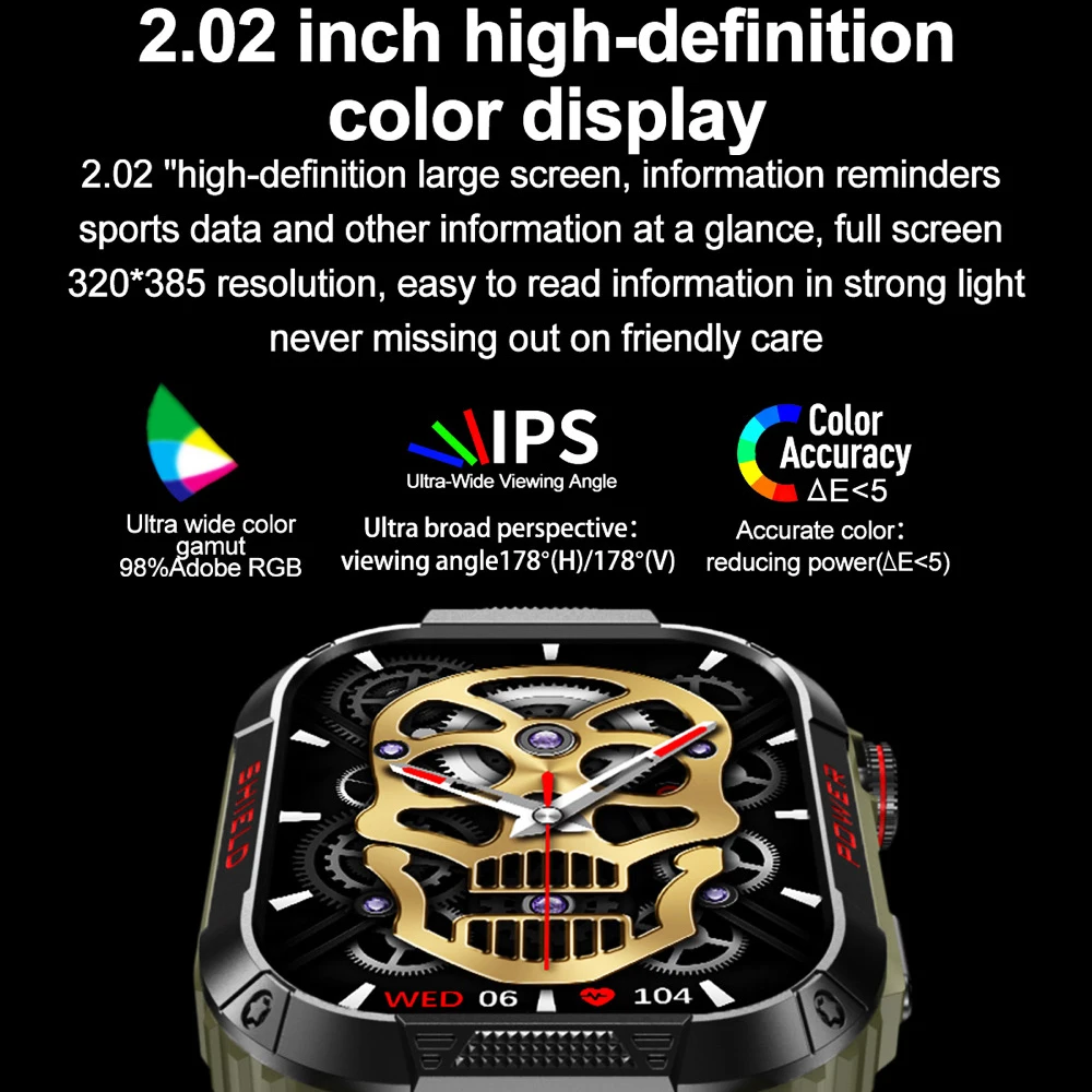 กีฬาฟิตเนสผู้ชายกลางแจ้งSmartwatch 2.02 "ฟันสีฟ้าCall Voice Assistant Heart Rateเลือดออกซิเจนสมาร์ทวอท์ชIP68 กันน้ํา