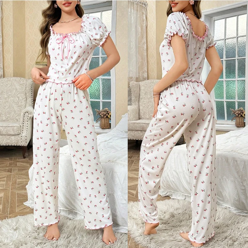 Nuevo conjunto de ropa para el hogar para mujer de invierno, pantalones largos de manga corta, ropa para el hogar estilo princesa dulce para niña, conjunto de dos piezas a la moda