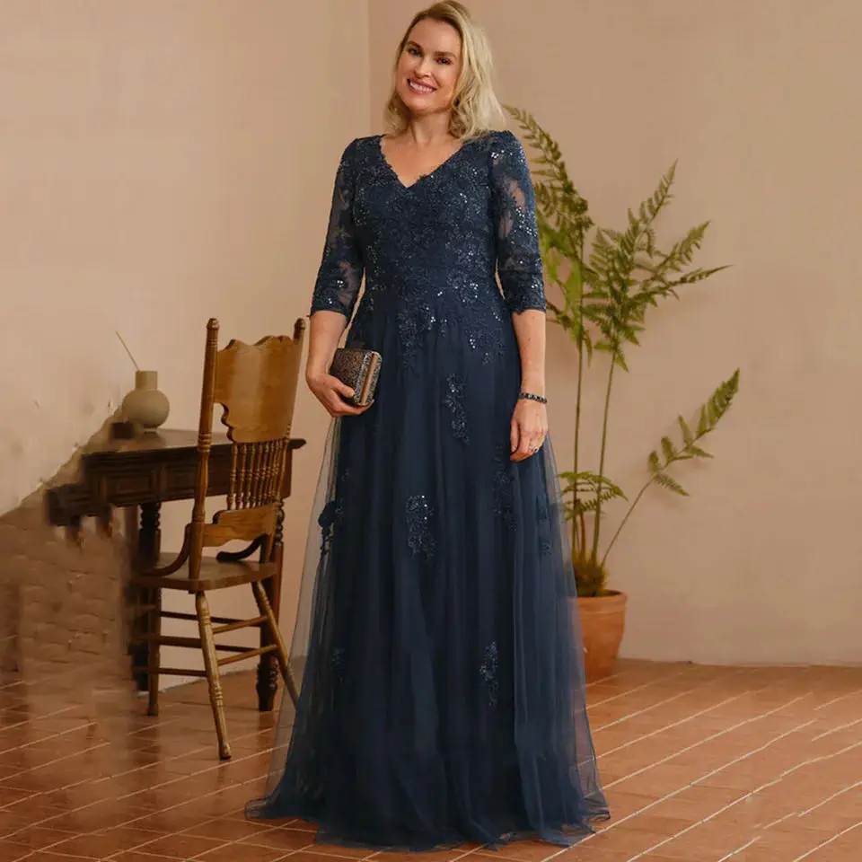 Vestido para madre de la novia, cuello en V, mangas 3/4, apliques de tul, línea A, azul marino, talla grande, vestido de invitados de boda personalizado