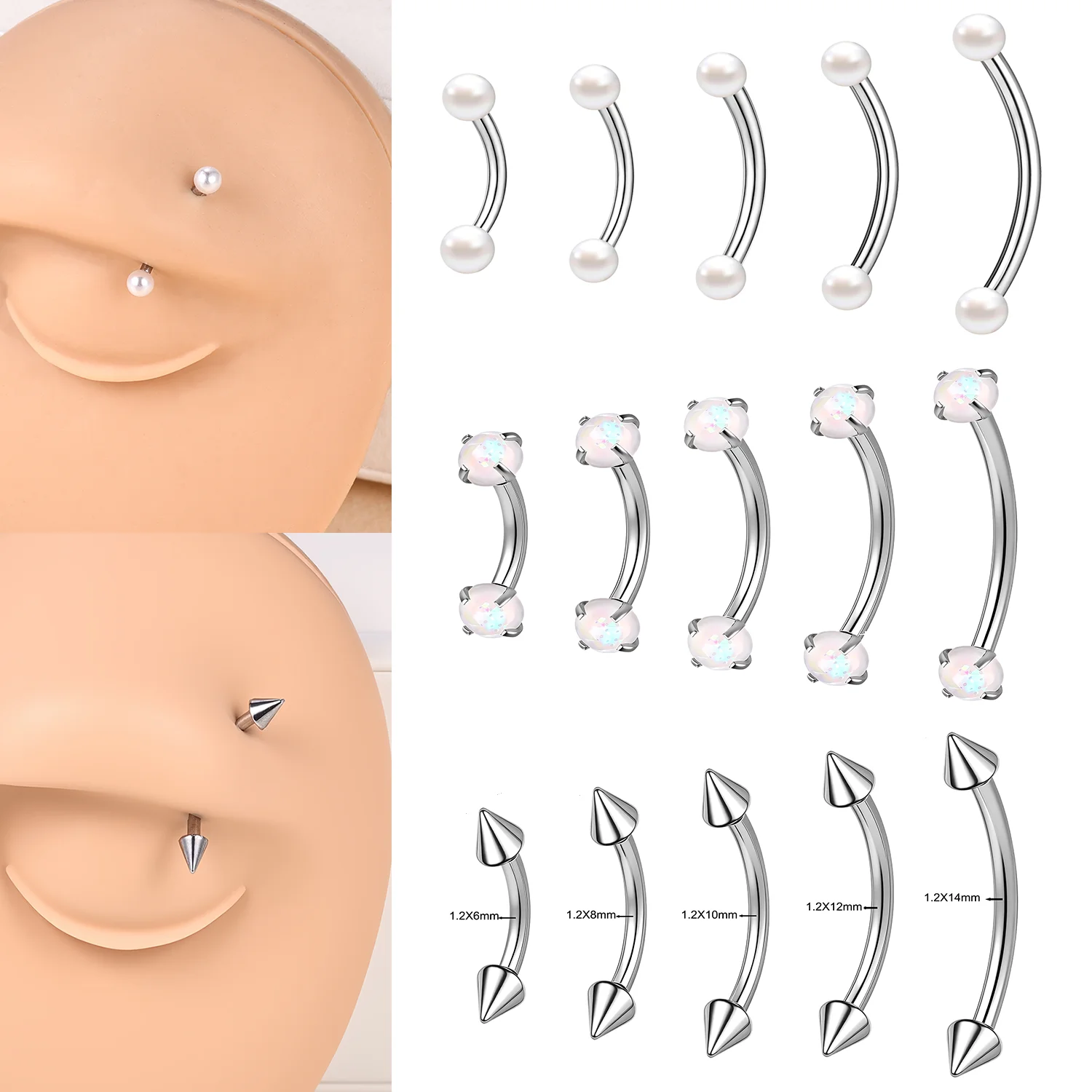 ZEMO 1Piece 16/14G Stainelss Steel Spike Eyebrow Piercing Curved Barbell Eyebrow Ring Lip Belly Bridge Piercing Jewelry 6MM-14MM