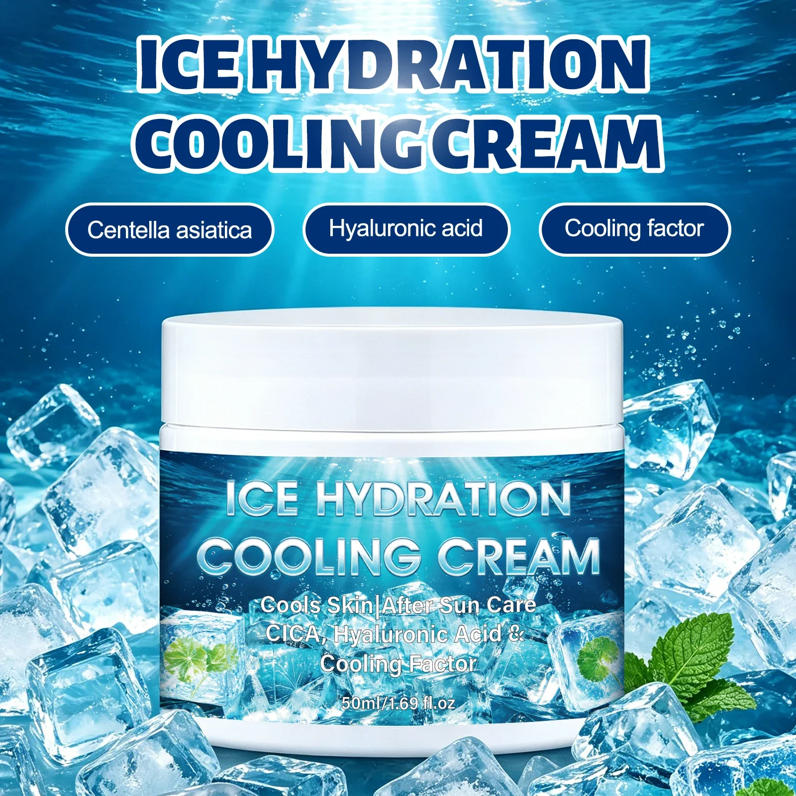 CICA Ice Hydration Cooling Cream after Sun Repair Facial Moisturizer with Hyaluronic Acid And Peptide for Instant Soothing of Re