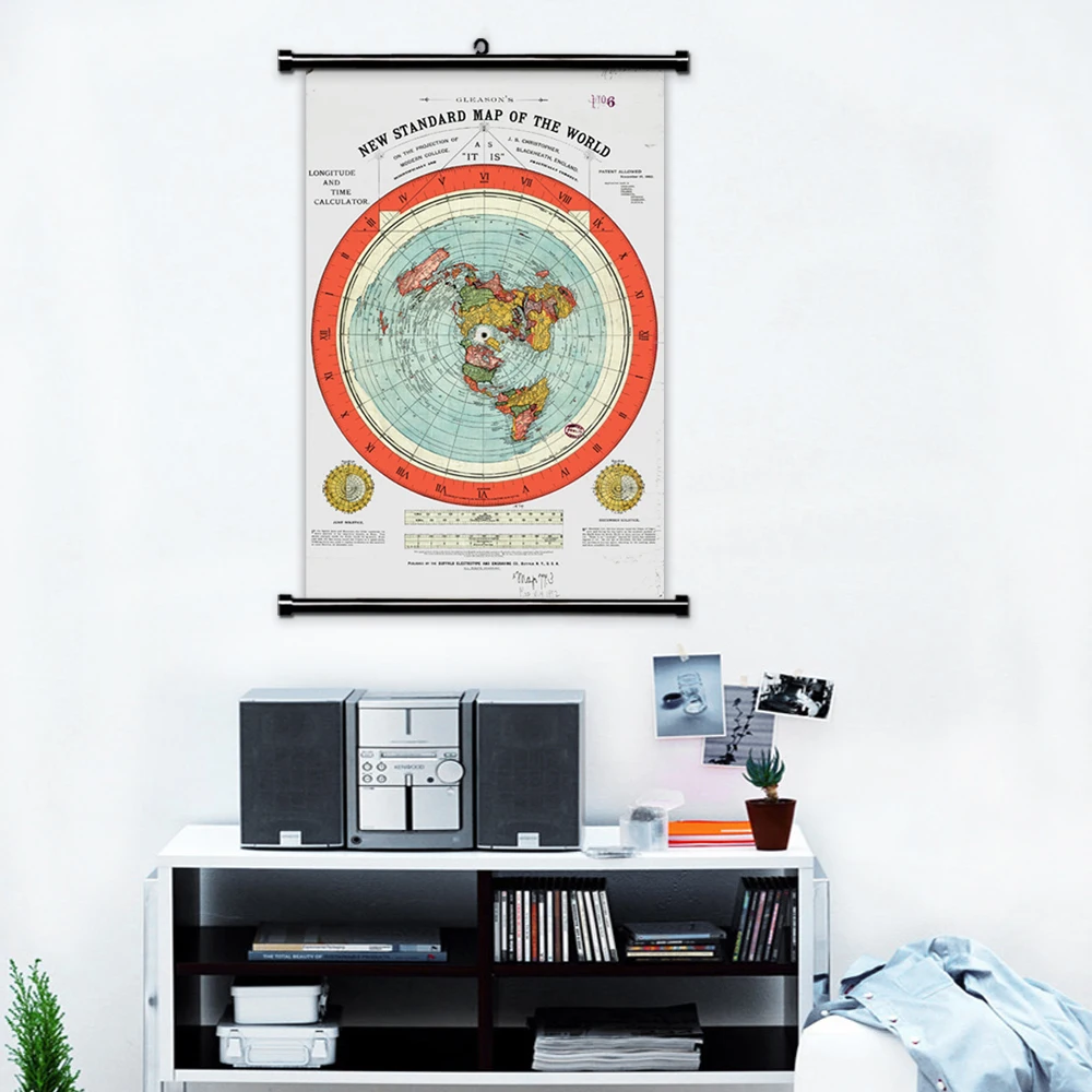 Flat Earth Map Scroll Canvas Poster Gleason\'s New  Of The World With Wooden Hanger Frame Wall Painting Picture Room Decor