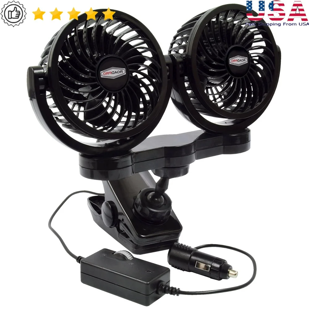 

12V Dual Adjustable Fan with Mounting Clip 7.5ft Cord Variable Speed Operation Heavy Duty Portable Cooling Solution
