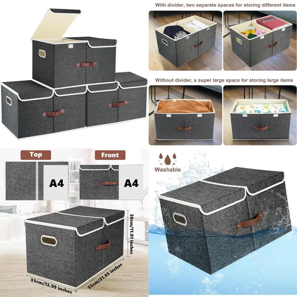 

3 больших складных тканевых ящика для хранения с крышками и отделениями, моющиеся, 21,7x13x11,8 дюйма, черные