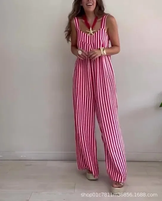 Women's Casual Stripe Jumpsuit Summer Spaghetti Strap Sleeveless Loose Wide Legs Jumpsuits New Femlae Bodysuits Rompers 