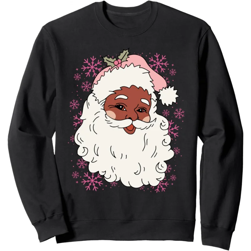 Women's Retro African American Pink Santa Claus Gift Large Long Sleeve Sweatshirt