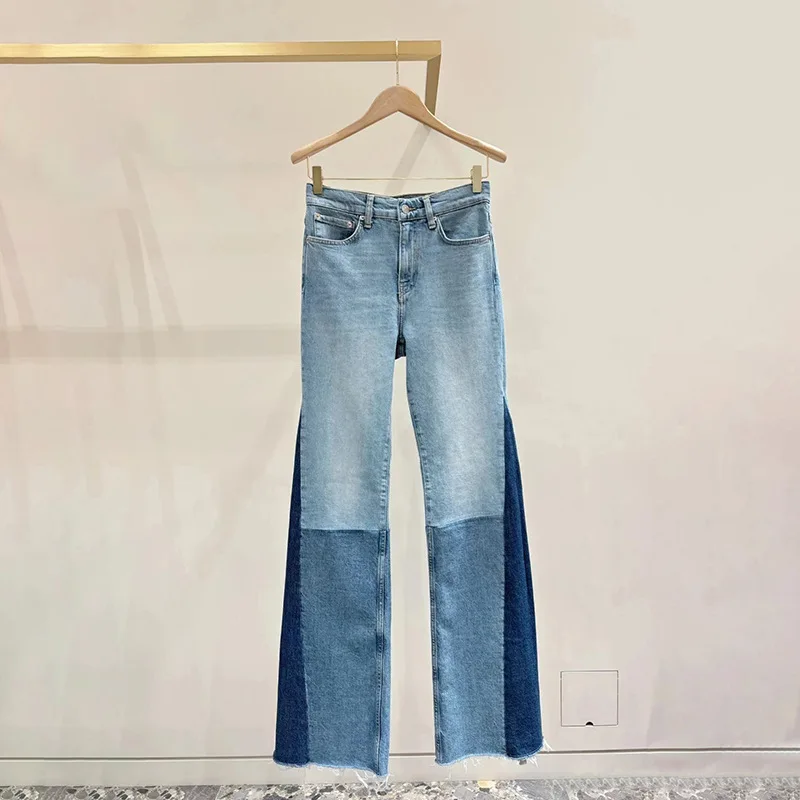 

Women's Multi-Color Block Spliced Jeans High Waisted Flared Pants Ladies Slimming Raw Edge Denim Trousers