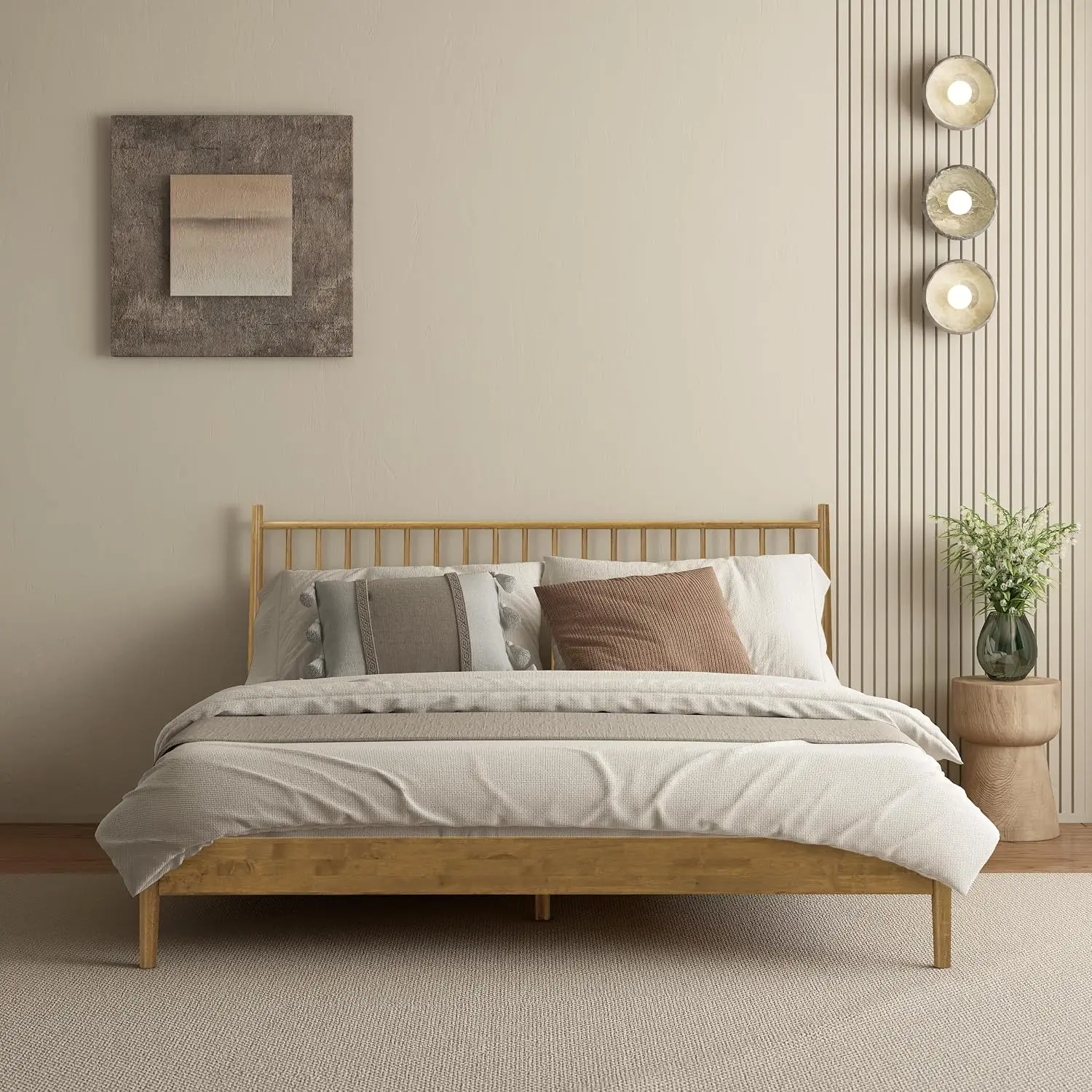 Wooden Bed Frame with Headboard Solid Oak & Rubber Wood Foundation Silent Slats Central Supports 1000 Lb King Teak, Customized