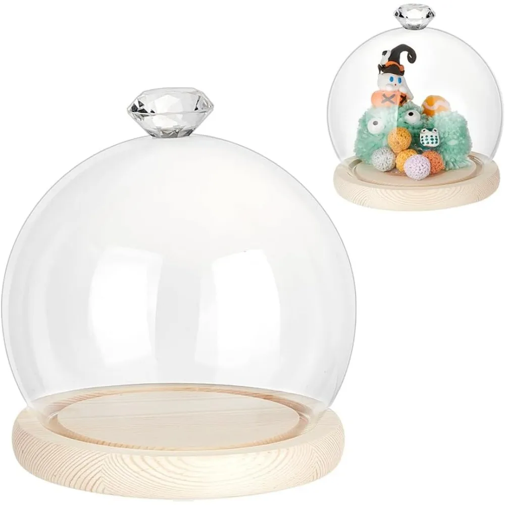 Ball-Shaped Glass Dome Cloche 5.07x5.11inch Round Clear Glass Display Diamond Top Cloche Bell Jar with Navajo White Wood Base