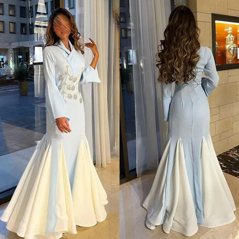 Aleeshuo exquisite blaue lange Meerjungfrau Abschluss ball Kleid Satin einfache Applikationen Langarm Abendkleid Reiß verschluss boden lang 2024