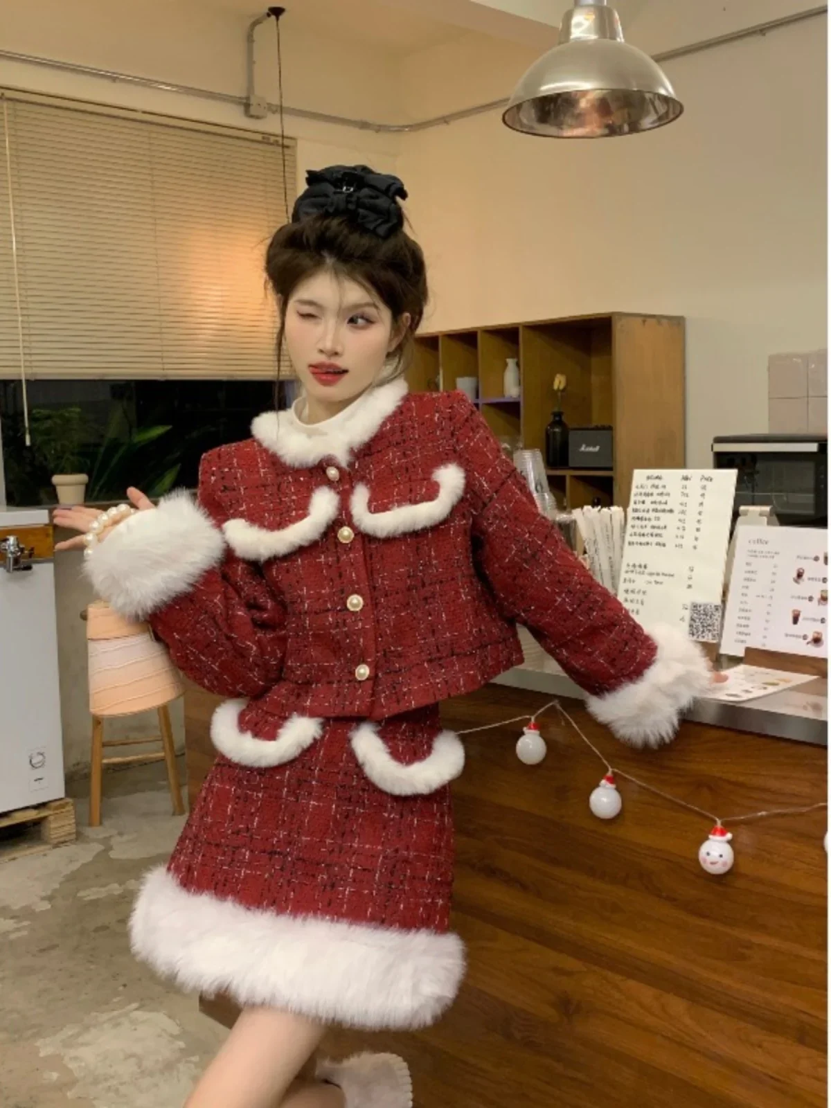 UNXX Christmas and New Year 2024 Winter New Quilted Furry Jacket and Skirt Fashion Two-Piece Set Female Office Lady Clothing