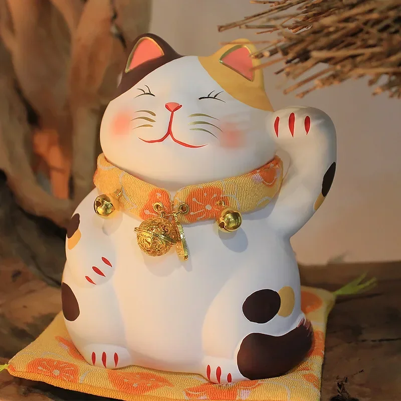 5.3 Inch Hand-painting Ceramic Lucky Cat Cartoon Fortune Kitten Home Decoration Figurine Maneki Neko Fengshui Ornament