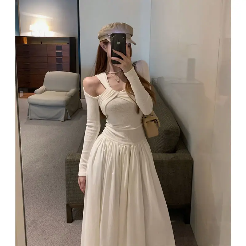 Abito a maniche lunghe con spalle scoperte grigio retrò anni '50 Abito lungo slim fit per le vacanze da donna Abito elegante a trapezio sottile con cuciture in vita