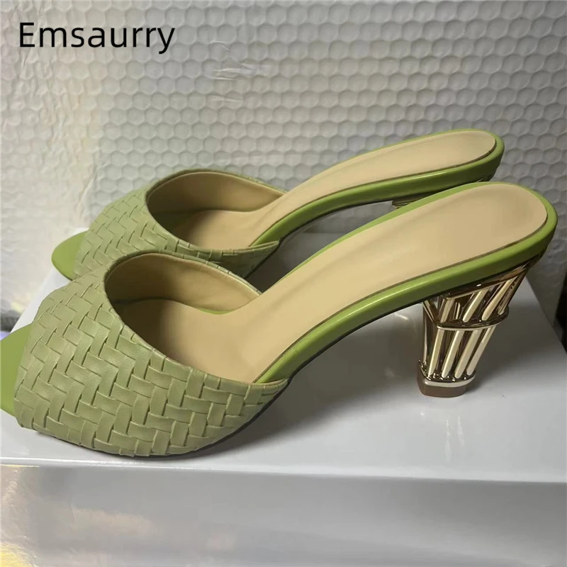 Luxury Braided Knitted Sandals Women Unique Metal Fretwork Strange Heel Slingbacks Slip-On Summer Mules