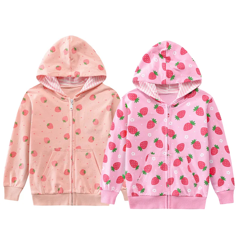 Little Hand Kids LongSleeve Zip‑Up Hooded Sweatshirt Strawberry All‑Over Print Casual Outer Jacket with Pocket Little Girls 2-7T