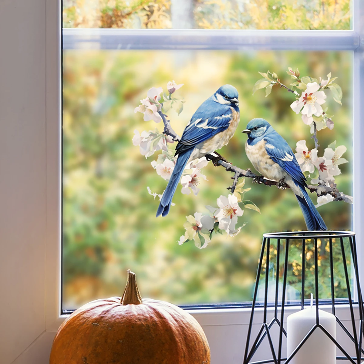 1PC Blue tree branches, birds, glass display windows, door stickers, home background beautification, decorative wall stickers