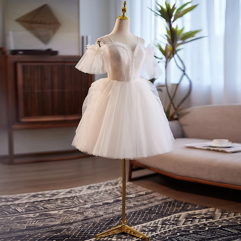 AnXin SH princesa flor blanca encaje correa de espagueti volantes manga corta con cordones vestido de noche personalizado pequeño vestido blanco