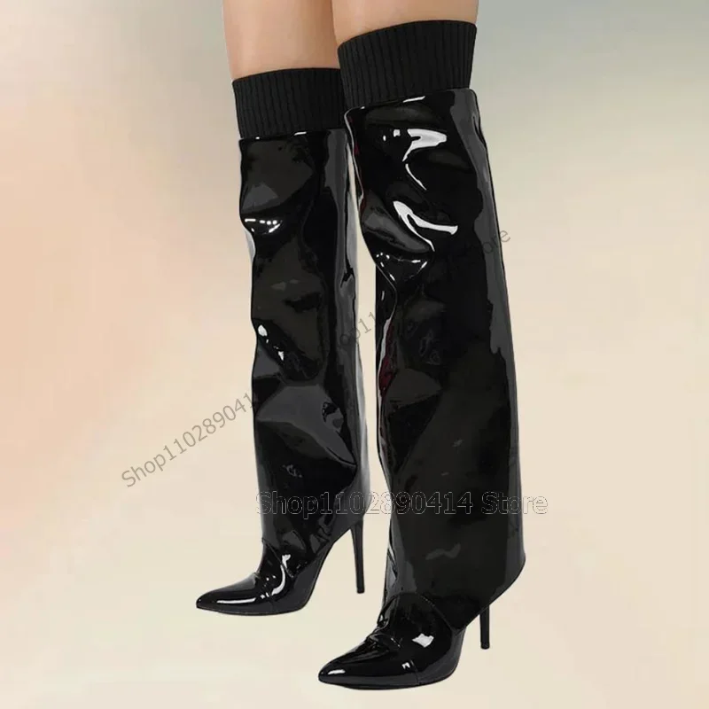 

Black Patent Leather Elastic Band Pointed Toe Boots Slip On Women Shoes Thin High Heels Fashion Banquet 2025 Zapatos Para Mujere
