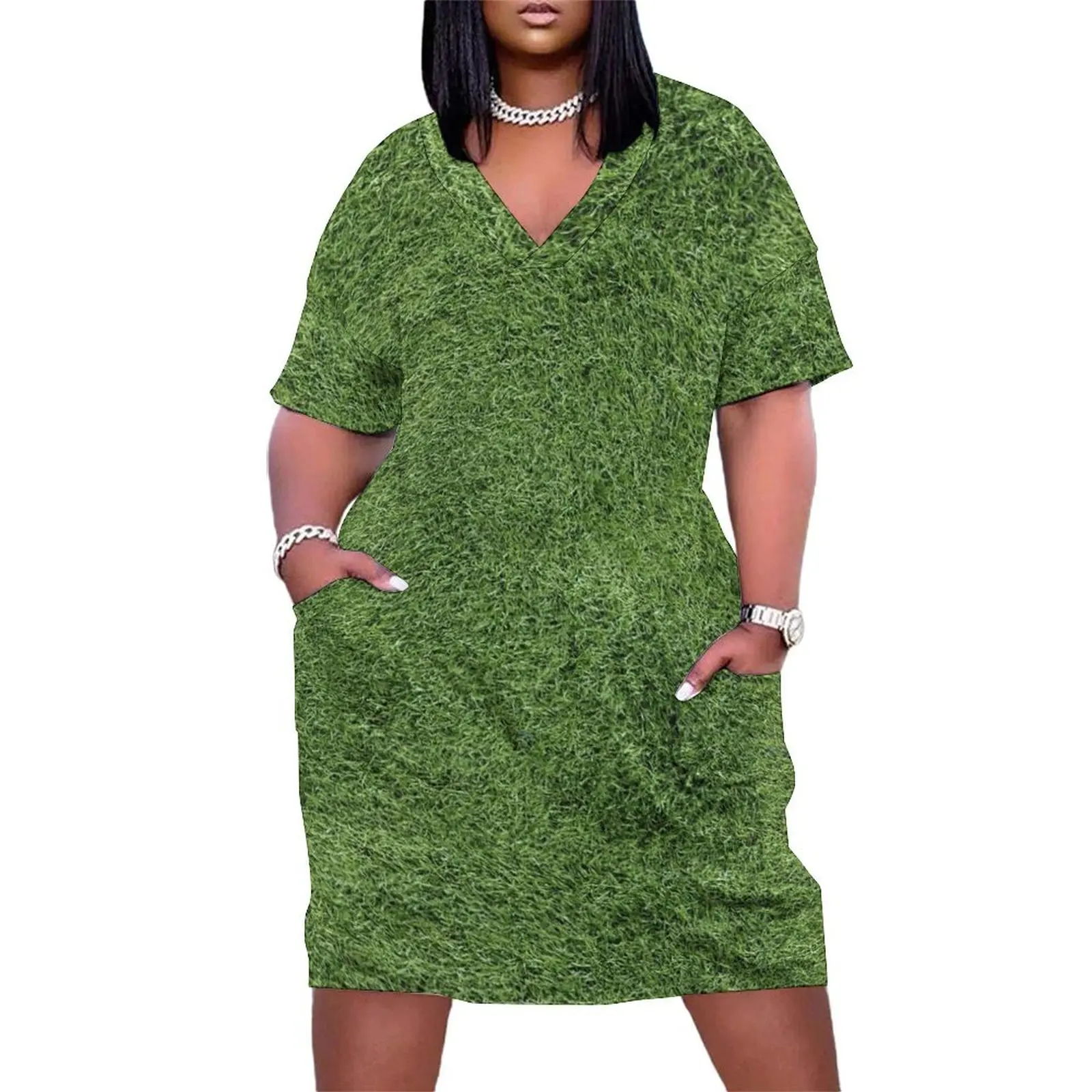 Astroturf Lush Green Turf Grass Athletic Field Texture Loose Pocket Dress evening dress women fairy dress