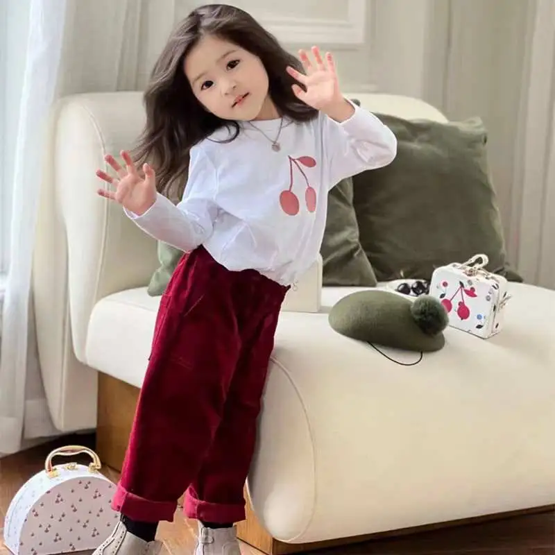 In stock 2023 BP New Autumn White Long Sleeves Cherry Shirt for Kids Cherry Brand White Clothes for Girl Kids