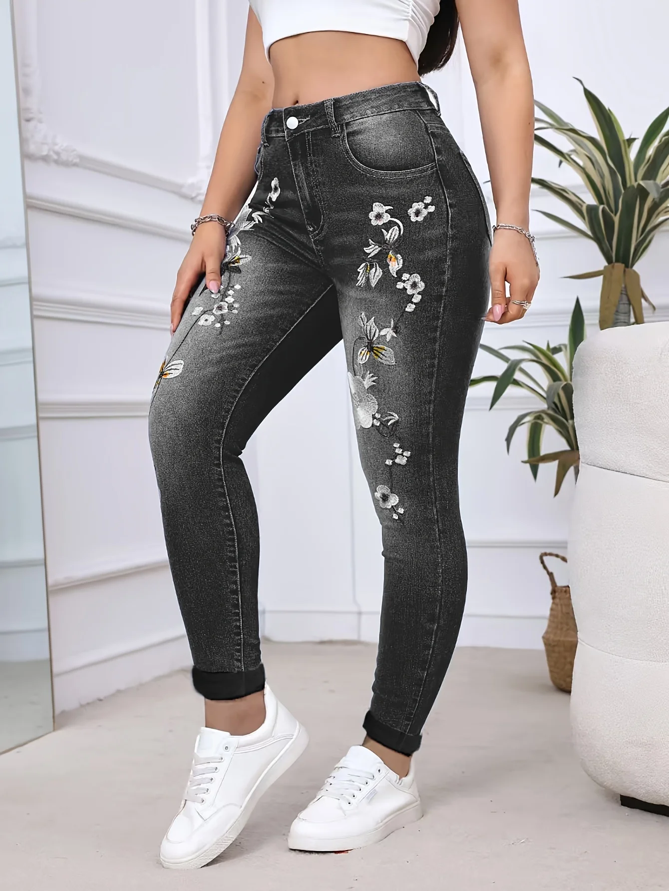 Y2k Jeans For Woman High Waisted Floral Embroidery Skinny Stretch Denim Trousers Slim Fit Ankle Length Elegant Female Pants