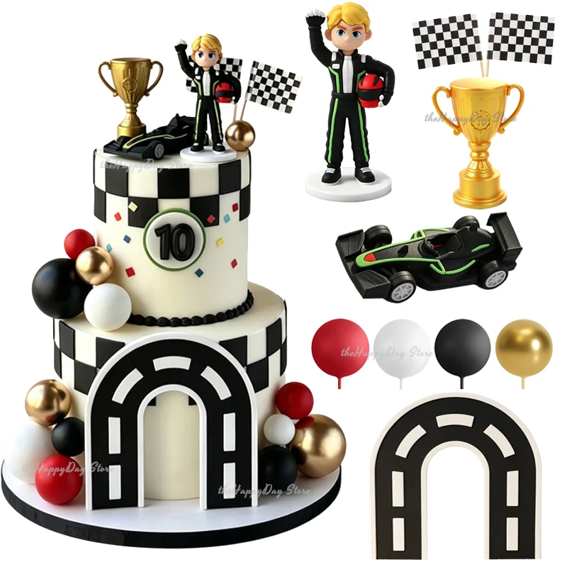26-1Pcs Décorations de gâteau Voiture de course, Toppers de gâteau Pilote de course, Trophées et balles pour la fête d'anniversaire Two Fast, la fête prénatale et la décoration de cupcakes