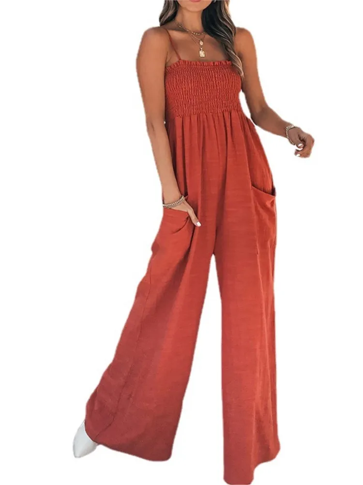 Chic And Elegant Jumpsuit Solid Color Suspender Pleated Casual Commuting High Waist Rompers 2024 Summer Fashion Red Jumpsuits