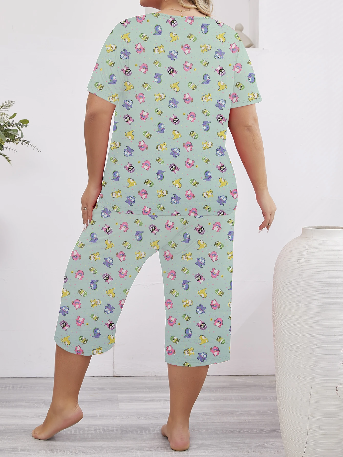 Summer casual fashion plus size women\'s pajamas set T-shirt&cropped pants home clothes 2-piece set