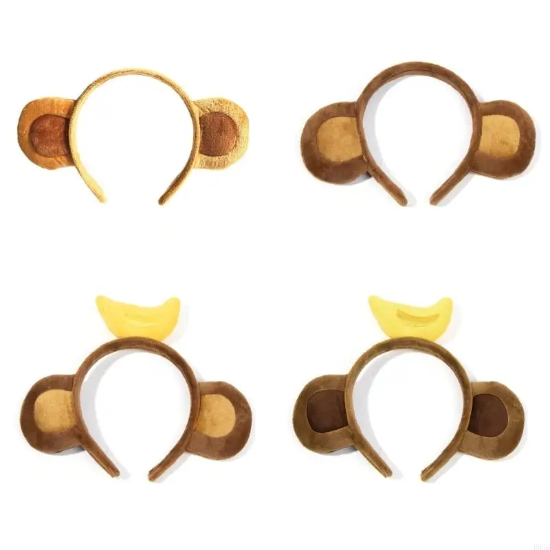 

B95F Furry Monkey Ear Headbands Soft Faux Plush Banana Hairband Funny Party Props