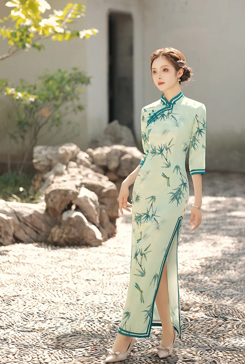 New Spring And Summer Green Cheongsam Long Double-Layer Qipao China Dress Tang Suit Hanfu Half-sleeved Formal Dress For Women