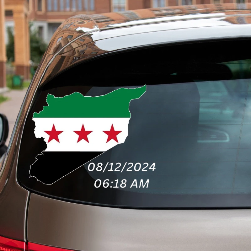 CS30506 #   Naklejka samochodowa z flagą mapy Syrii i datą 06:18 AM, 08/12/2024 Winylowa naklejka na zderzak samochodu, drzwi lub okno