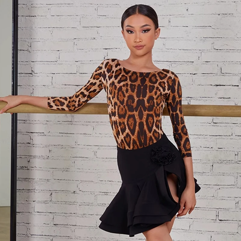 Kids Latin Dance Clothes Girls Leopard Tops Black Skirt Practice Clothing Cha Cha Rumba Dance Training Performance Dress NV19559