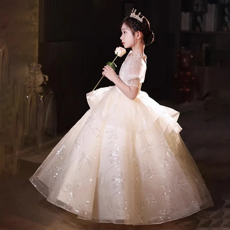New Champagne Color Girls Stage Catwalk Performance High-end Birthday Banquet Princess Children's Sweet Dress