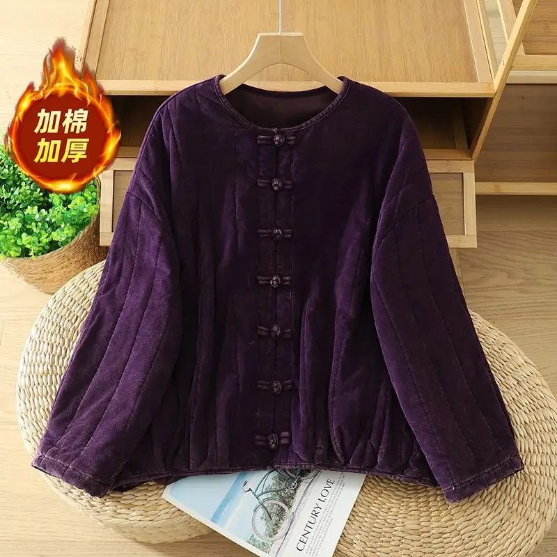 

2025 New Winter Retro Corduroy Buckle Cardigan Women Chinese Style Cotton Frog Button Coat Literary Single Breasted Outwears