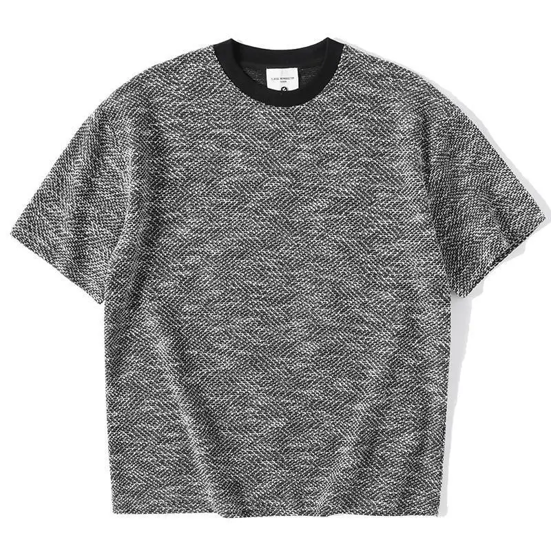 Xiaoxiangfeng Contrasting Color Retro Round Neck Short-sleeved Shirt for Men Handsome British Casual Loose Shoulder T-shirt Top