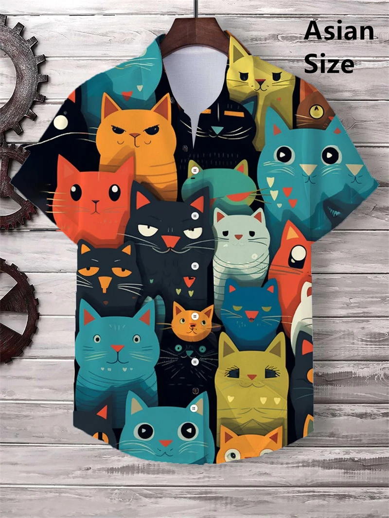 2025 Hawaii Men Shirt Cute Cartoon Cat 3D Printed Tops Casual Women Short Sleeves Shirts Button Lapel Oversized Unisex Clothing