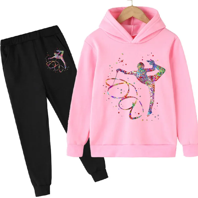 Conjunto de sudaderas con estampado artístico de gimnasia de acuarela para niñas, ropa de regalo de cumpleaños para amantes del gimnasio, pantalones con capucha y sudadera rosa