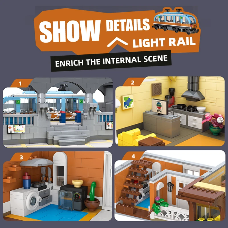 3692PCS Street View Series Bricks Urban Light Rail Station Building Block High Difficulty Creative Assembly Model Holiday Gift