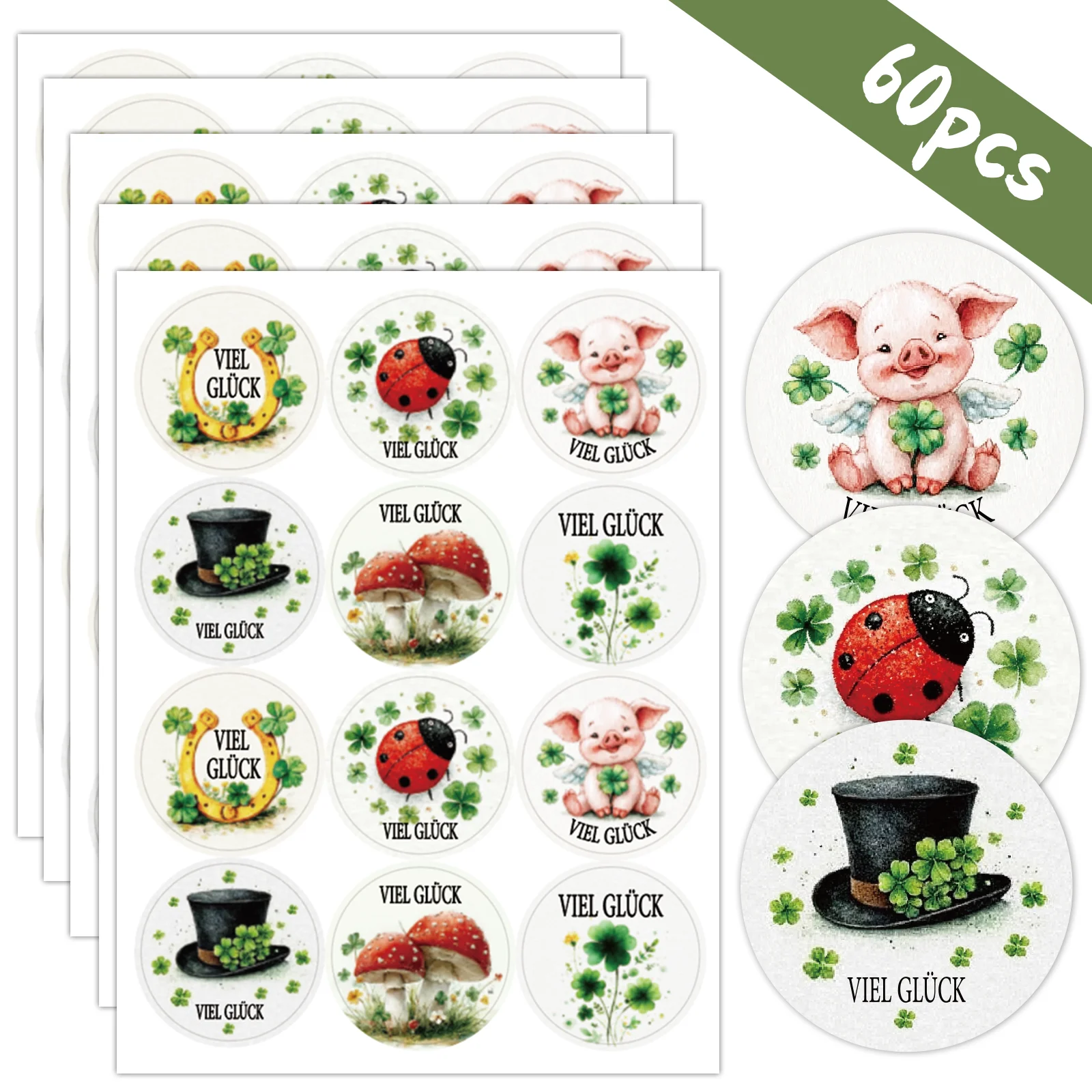Juego de 60 pegatinas de trébol de la suerte con múltiples diseños de bendición de buena suerte "Viel Gluck" texto alemán adecuado para tarjetas de cumpleaños, Pa