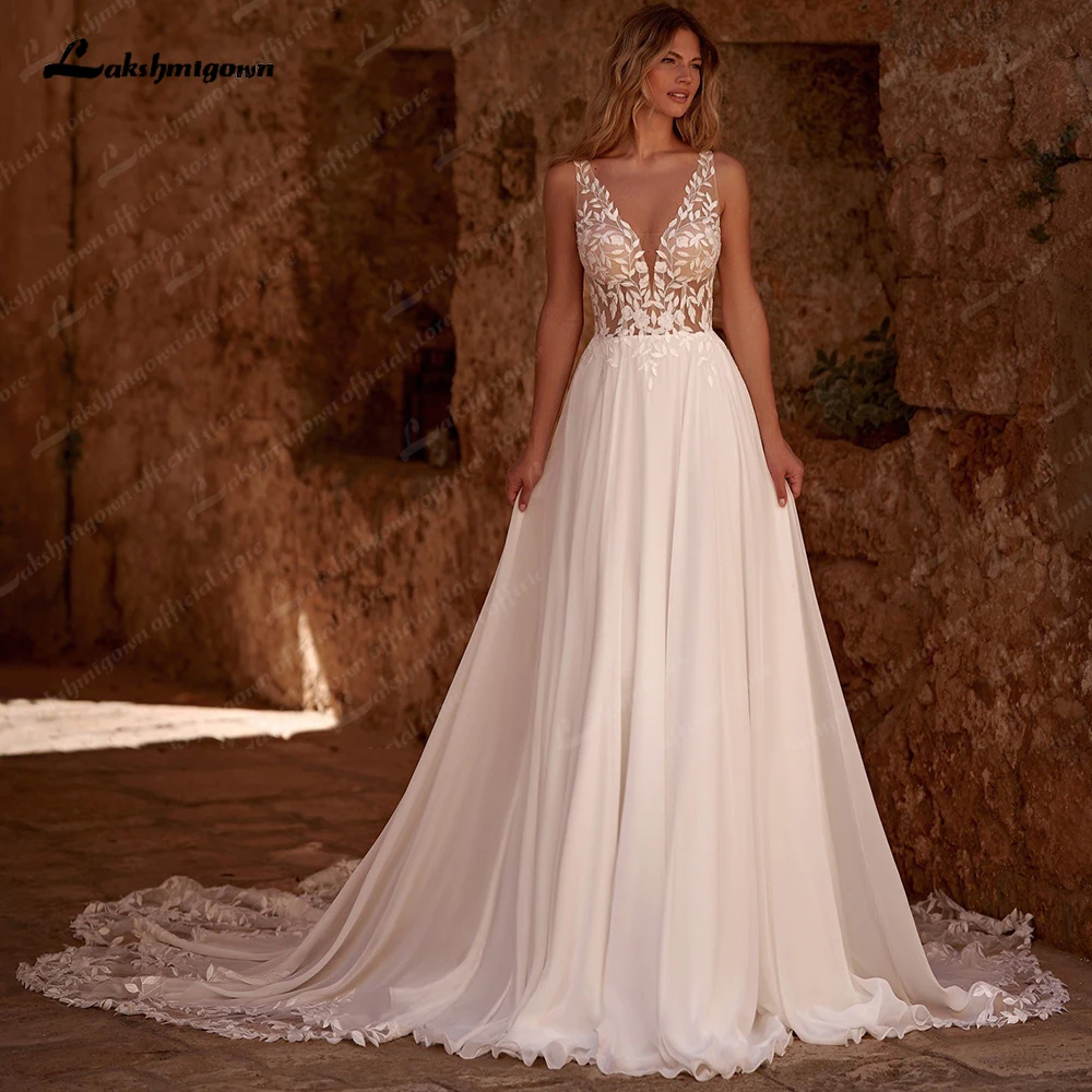 Sexy V-Neck Wedding Dresses Chiffon Lace Appliques Illusion Back Buttons A Line Wedding Gown abito da sposa Lakshmigown