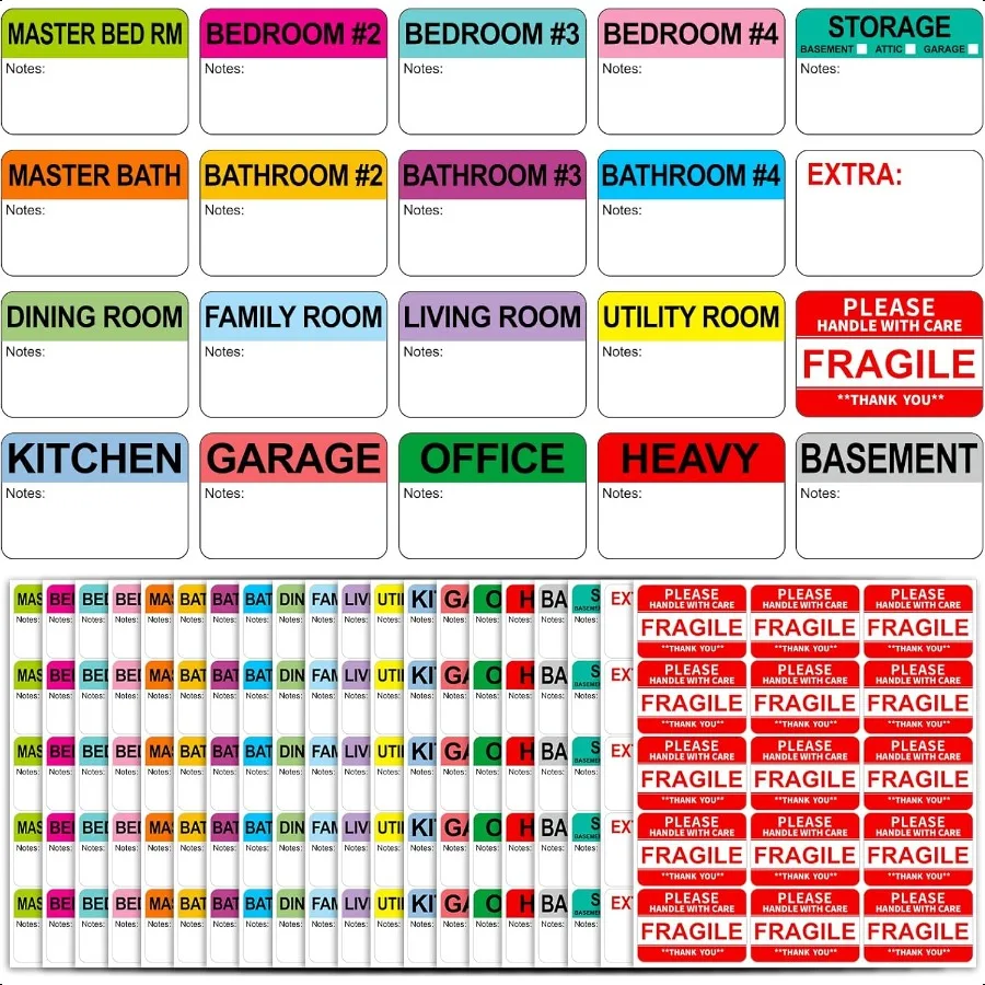 600 etiquetas grabables 2' x 3' 20 etiquetas de embalaje para mudanzas domésticas con código de color con opciones frágiles extra pesadas