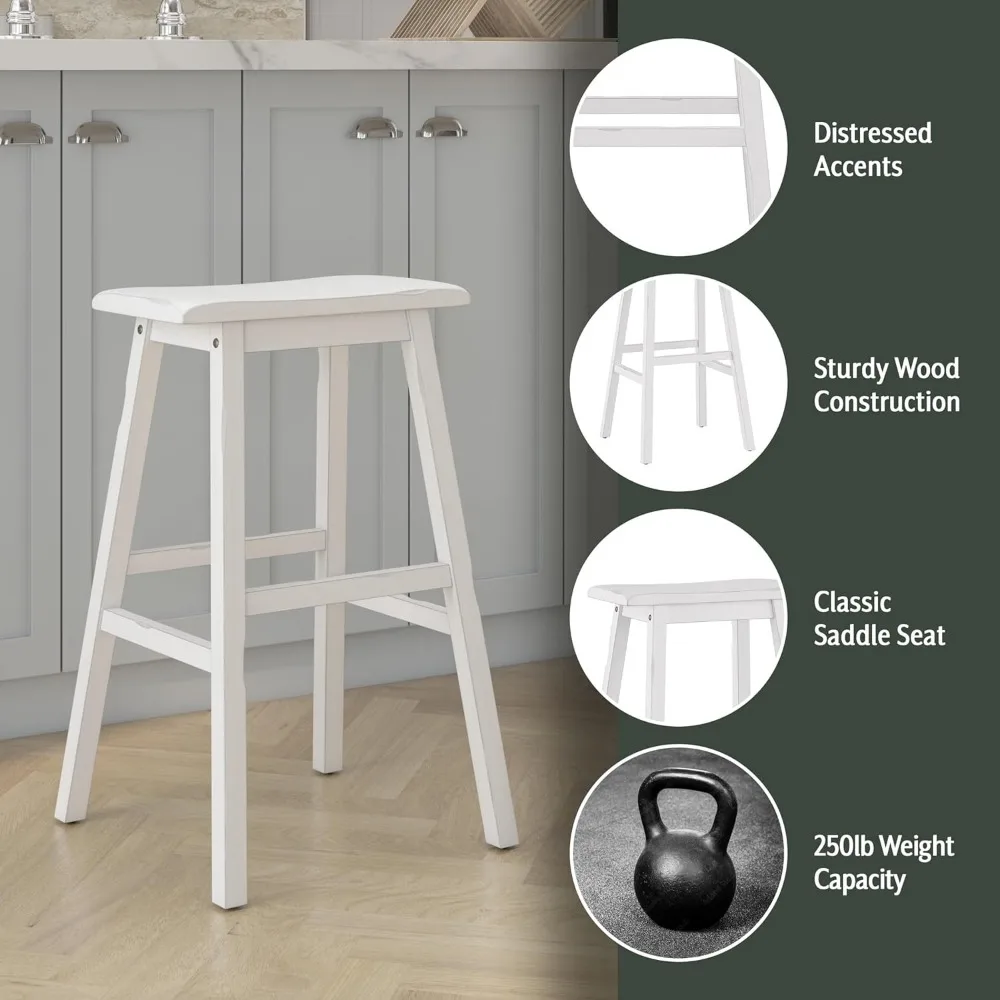 Backless Wood Bar Stool, 29 Inch Height, Distressed Sea White Finish for Rustic Farmhouse Decor