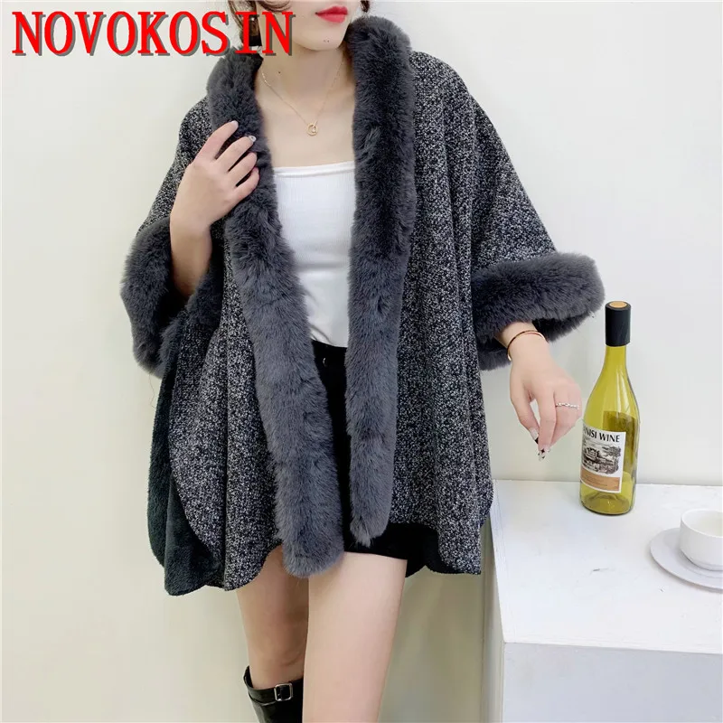 

Female Plus Size Faux Rabbit Fur Neck Knitted Coat Winter Warm Out Streetwear Overcoat Women Batwing Sleeve Cardigan Loose Cloak